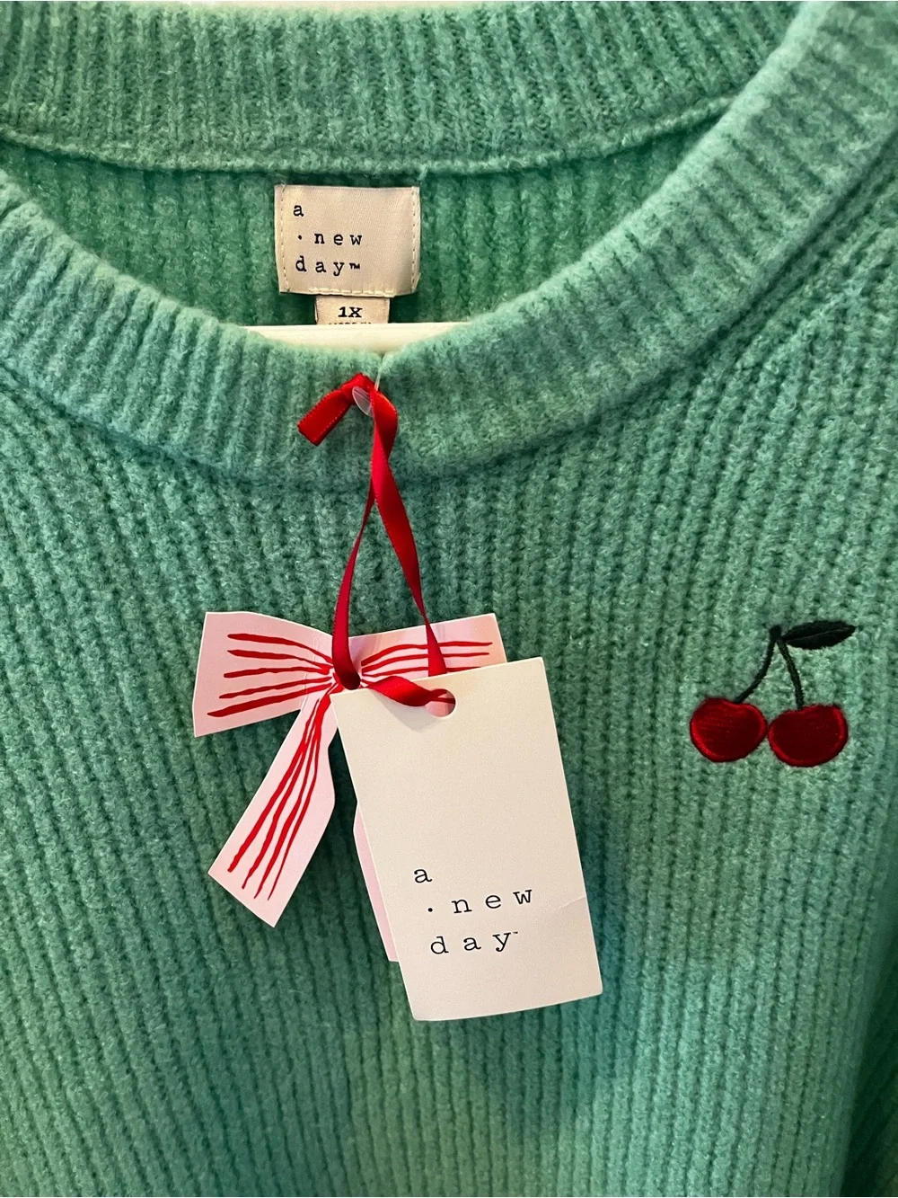 a new day Mint Green Ribbed Crewneck Sweater with Cherry Embroidery - Picture 3 of 3